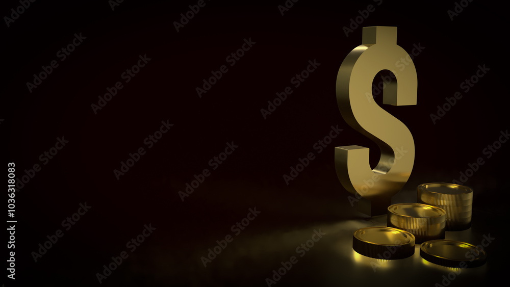 The gold dollar symbol and coins on black background 3d rendering. The gold dollar symbol and coins on black background 3d rendering.