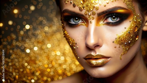 A portrait of a woman with shimmering gold glitter makeup, emphasizing her bold eyes and captivating gaze, set against a backdrop of sparkling golden bokeh.