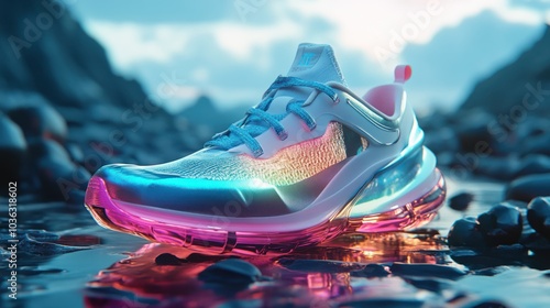 Futuristic Sneaker On A Rocky Shore photo