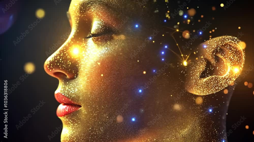 A close-up of a woman's face covered in gold glitter, with glowing blue lights in the background A close-up of a woman's face covered in gold glitter, with glowing blue lights in the background