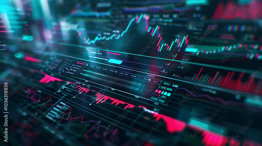 A vibrant digital representation of stock market data with charts, graphs, and indicators. A vibrant digital representation of stock market data with charts, graphs, and indicators.