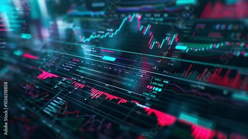 A vibrant digital representation of stock market data with charts, graphs, and indicators.