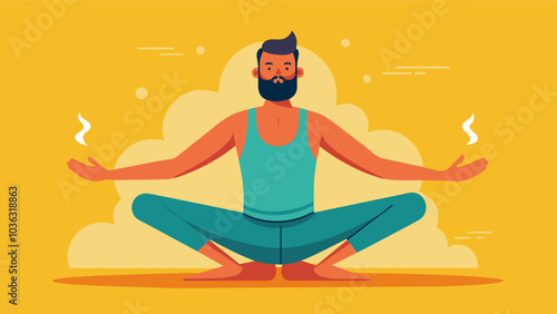 Sweating profusely a man performs a series of difficult poses in a hot yoga studio his mind focused and present as he finds solace and strength in his mindful fitness routine.. Vector illustration