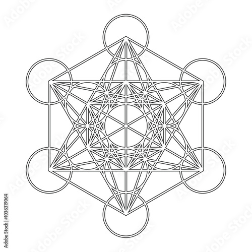 Sacred Geometry. Metatrons Cube, stroke vector, a mystical symbol, derived from the Flower of Life. All thirteen circles are connected with straight lines. Black lines over white background.