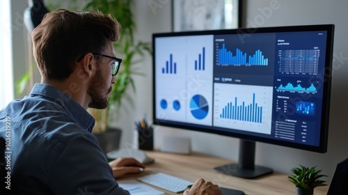 A person analyzing data on a large screen with various graphs and charts.