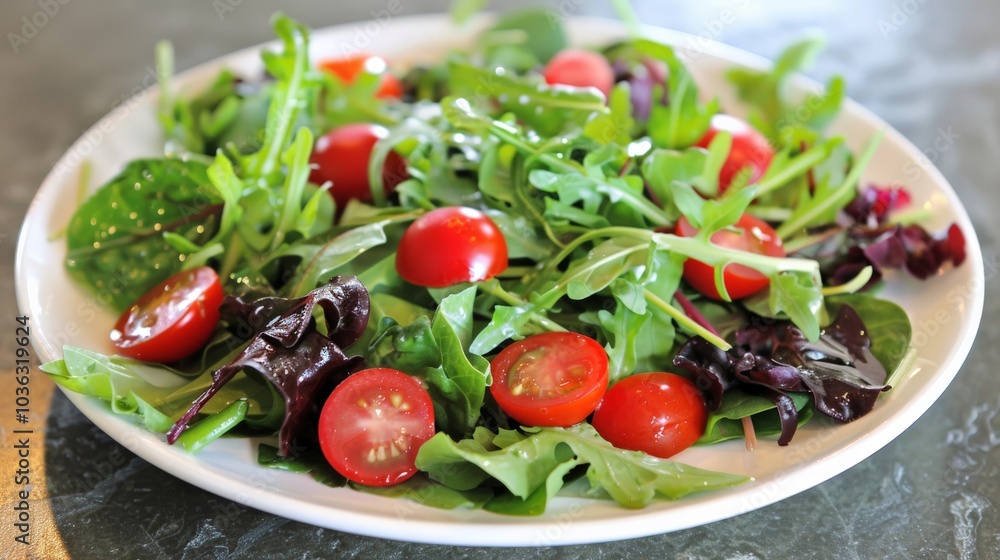 Fresh summer salad with mixed greens, cherry tomatoes, and vinaigrette dressing Fresh summer salad with mixed greens, cherry tomatoes, and vinaigrette dressing