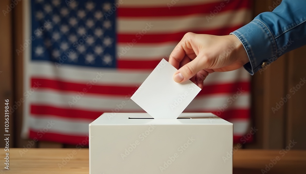 Voting Ballot Being Cast in American Flag Themed Voting Booth Voting Ballot Being Cast in American Flag Themed Voting Booth