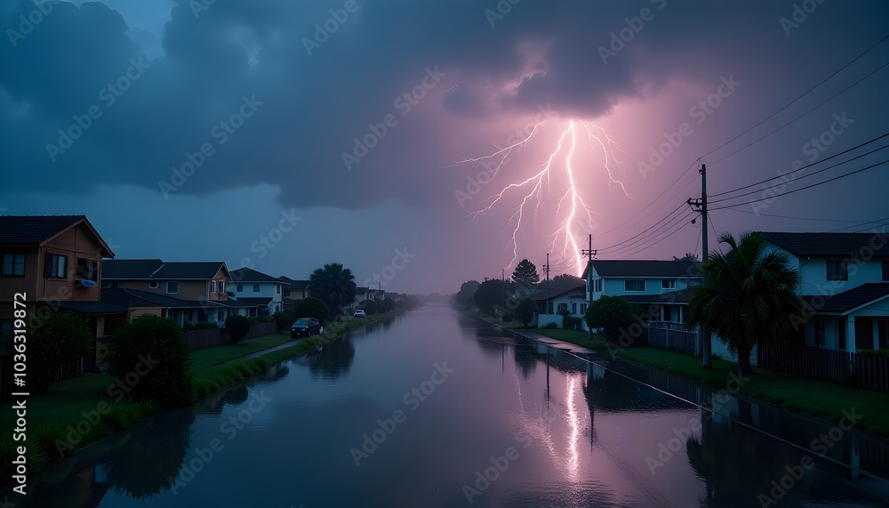 Dramatic Storm Over Suburban Neighborhood with Lightning Striking Dramatic Storm Over Suburban Neighborhood with Lightning Striking