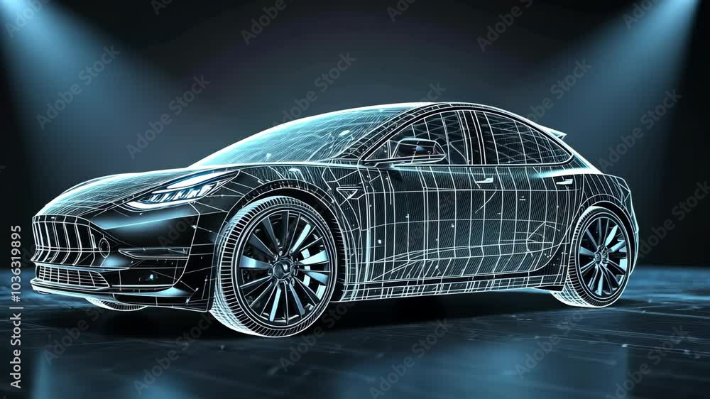 A wireframe rendering of a modern electric car is shown, with a blue light illuminating the vehicle from the left side A wireframe rendering of a modern electric car is shown, with a blue light illuminating the vehicle from the left side