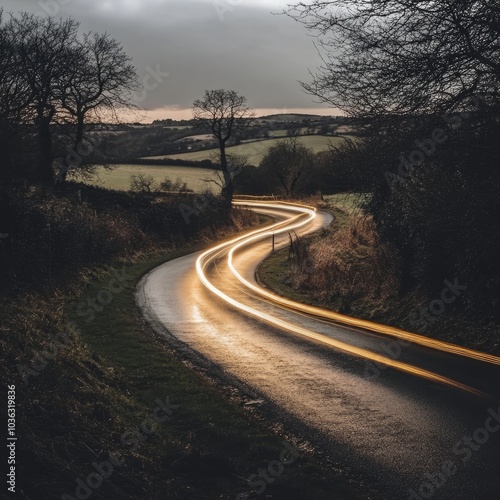 A winding, curvy rural road illuminated by light trails from vehicle headlights, weaving through the serene British countryside at dusk. This picturesque scene captures the peaceful, natural beauty of