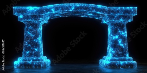 Futuristic glowing stone arch with vibrant blue energy patterns in dark space, symbolizes a gateway to another dimension, creating an atmospheric and mystical mood around it.