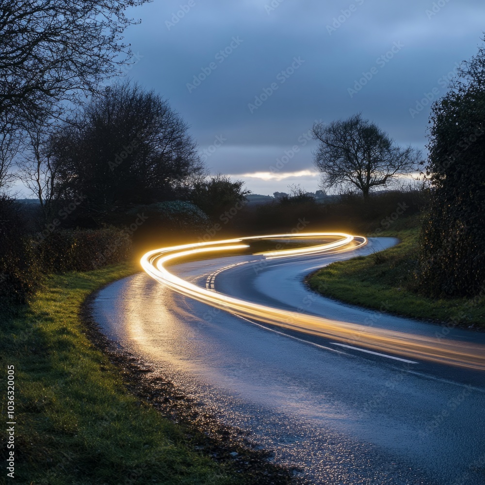 A winding, curvy rural road illuminated by light trails from vehicle headlights, weaving through the serene British countryside at dusk. This picturesque scene captures the peaceful, natural beauty of A winding, curvy rural road illuminated by light trails from vehicle headlights, weaving through the serene British countryside at dusk. This picturesque scene captures the peaceful, natural beauty of