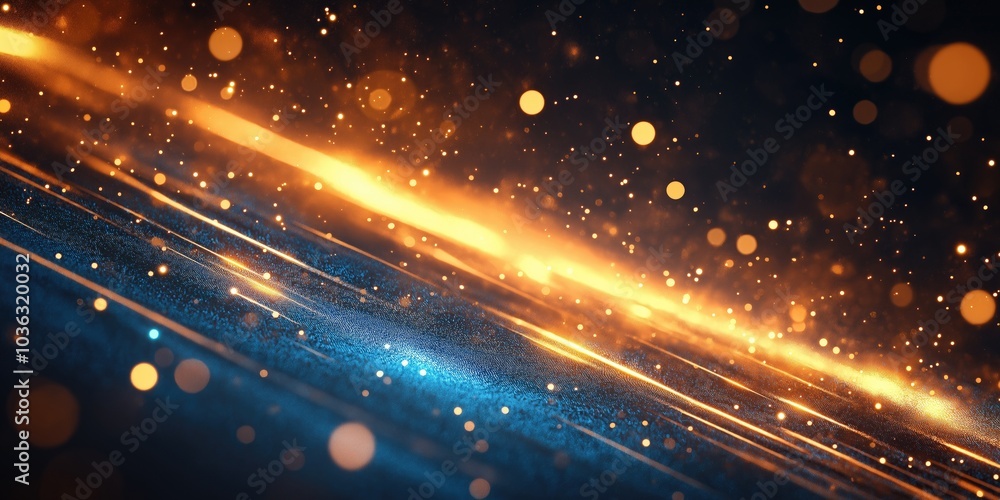 Colorful abstract depiction of glowing golden and blue lines with sparkling particles in dark background. Elegant and dynamic atmosphere creates a sense of motion and depth, ideal for modern designs. Colorful abstract depiction of glowing golden and blue lines with sparkling particles in dark background. Elegant and dynamic atmosphere creates a sense of motion and depth, ideal for modern designs.