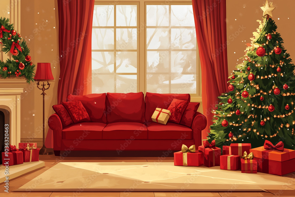 red sofa, Christmas tree and gift boxes red sofa, Christmas tree and gift boxes