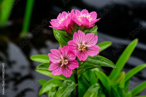 Epilobium Hirsutum (Great Willowherb) growing beside a stream, its pink flowers standing out against the green reeds