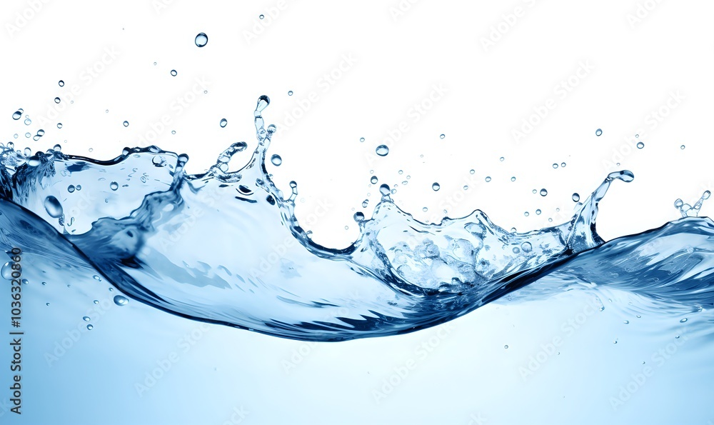 Blue water splash with droplets on white background Blue water splash with droplets on white background