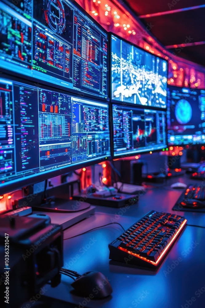 Cyber security room filled with monitors tracks potential threats online. Cyber security room filled with monitors tracks potential threats online.