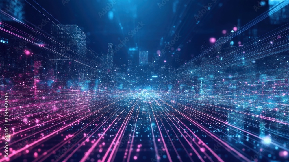 A futuristic digital landscape with vibrant lines and particles representing data flow. A futuristic digital landscape with vibrant lines and particles representing data flow.