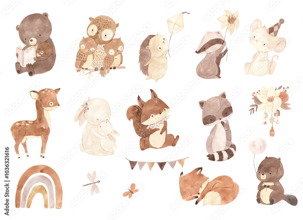 Fototapeta premium Watercolor bear, owl, bunny. Woodland animal illustration for kids