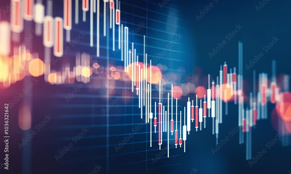 A stock market graph with rising candlestick charts, representing an ...
