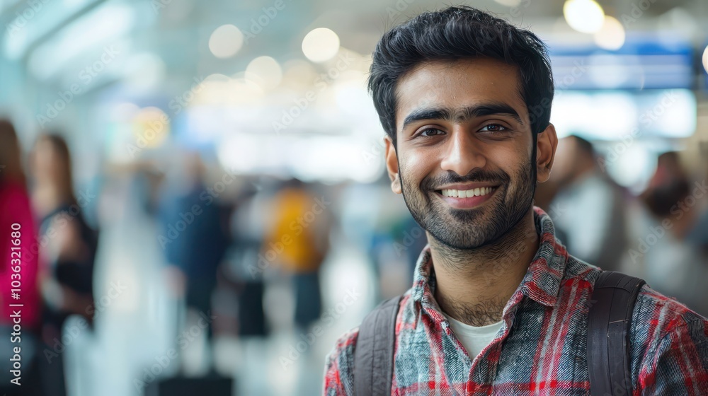 Cheerful young Indian man in a flannel shirt stands in a bustling airport terminal. Cheerful young Indian man in a flannel shirt stands in a bustling airport terminal.