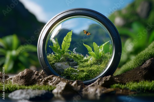 Nature, depicted in a futuristic landscape where wildlife, plants, and human technology coexist in an ecologically balanced environment