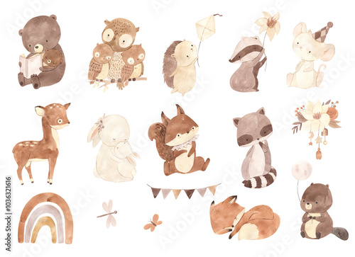 Watercolor bear, owl, bunny. Woodland animal illustration for kids