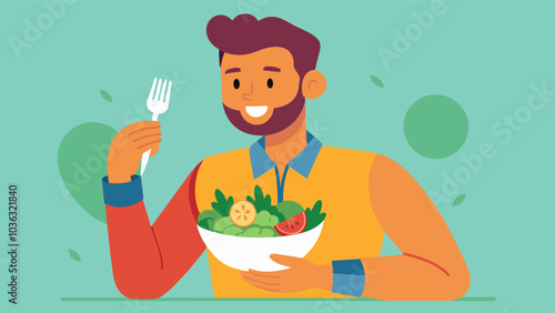 The fresh tangy flavors of the salad came alive on his tongue and the man couldnt help but feel grateful that he could finally enjoy a healthy meal without any guilt.. Vector illustration