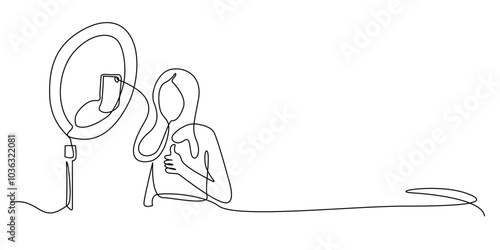 one continuous line drawing of woman doing live broadcast in front of ring lights.one line drawing of woman live broadcasting selling online.single line vector illustration.isolated white background