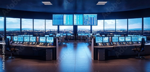 Operators in an airport control center monitor air traffic on computer screens.