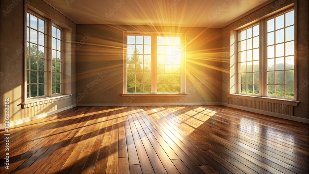 Sunlight streams through windows in an empty room, casting long shadows on the polished hardwood floor. Sunlight streams through windows in an empty room, casting long shadows on the polished hardwood floor.