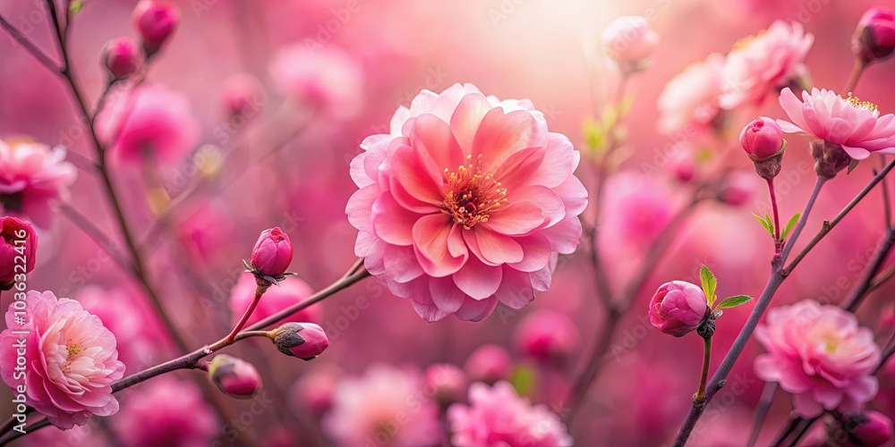 Obraz premium A Delicate Pink Flower Blooms Amidst a Sea of Petals, Bathed in the Warm Glow of the Setting Sun