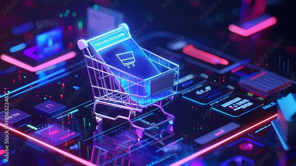 A futuristic shopping cart on a digital interface, symbolizing online shopping and technology integration. A futuristic shopping cart on a digital interface, symbolizing online shopping and technology integration.
