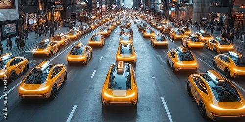 A busy urban street filled with robotaxis, all self-navigating through synchronized traffic patterns, representing a large-scale autonomous taxi network in a bustling metropolis.