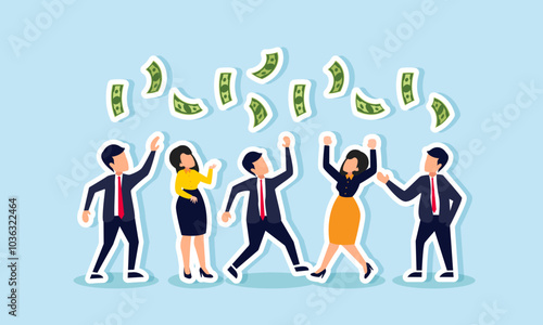 Businesspeople gathering to compete for a pile of money, illustration of competition in generating revenue from various projects