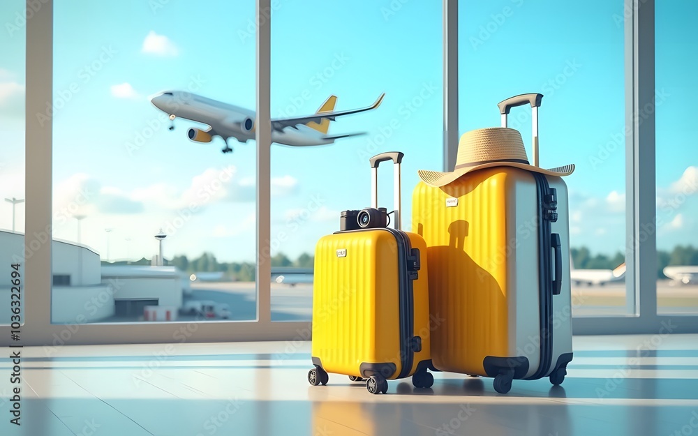 yellow and white Suitcases in airport. Travel concept. 3d rendering, blury backgroun yellow and white Suitcases in airport. Travel concept. 3d rendering, blury backgroun