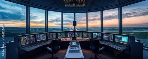 Controllers in an airport tower monitor flights with advanced navigation gear.