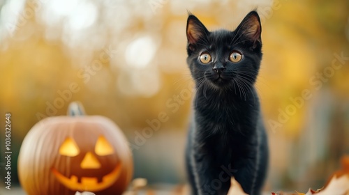 A curious black kitten stands near a pumpkin carved with a spooky face, surrounded by autumn leaves. A playful black kitten poses beside a carved Halloween pumpkin in autumn.