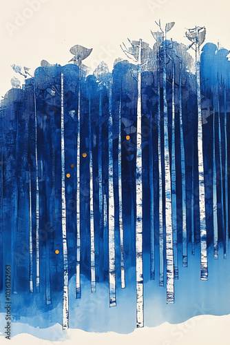 Traditional Japanese style woodcut print of abstract,  stylized tree trunks in blue and white.