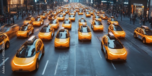 A busy urban street filled with robotaxis, all self-navigating through synchronized traffic patterns, representing a large-scale autonomous taxi network in a bustling metropolis.