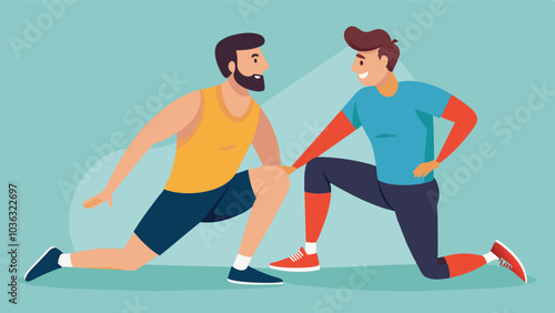 Two men stretching together after a workout discussing their progress and offering advice on how to prevent injuries.. Vector illustration