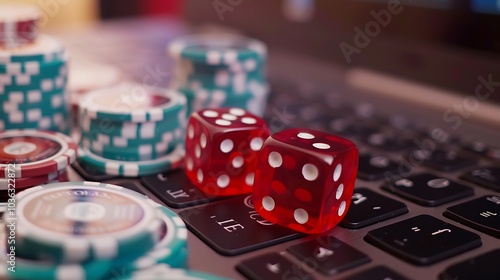 A close-up of red dice and colorful poker chips on a laptop keyboard, suggesting a gaming or gambling theme.