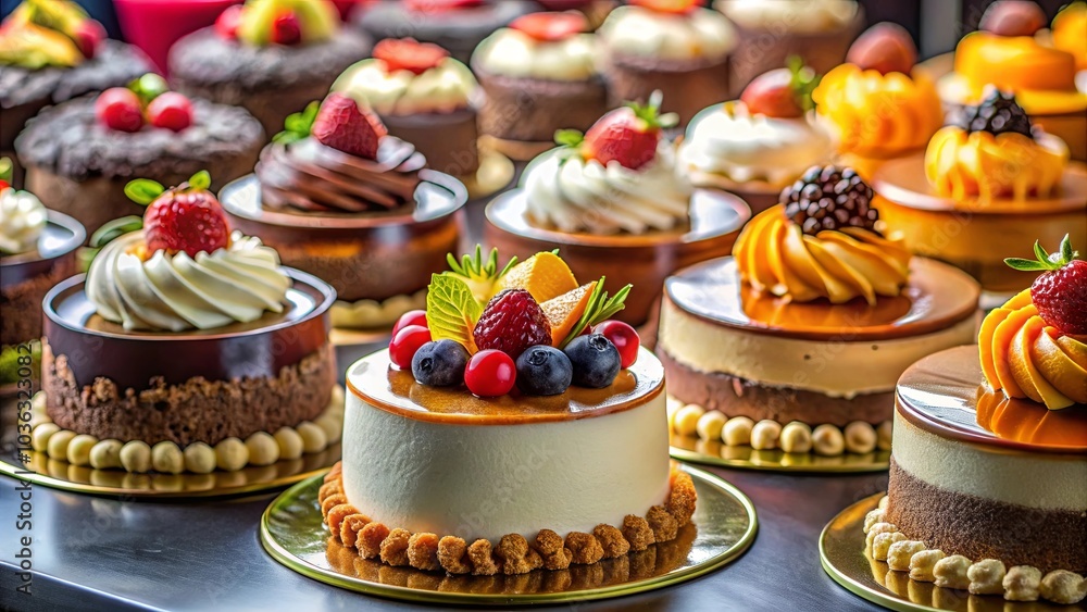 A symphony of flavors and textures, each cake a masterpiece of culinary artistry, adorned with vibrant fruit and delicate swirls of cream, ready to tantalize the taste buds A symphony of flavors and textures, each cake a masterpiece of culinary artistry, adorned with vibrant fruit and delicate swirls of cream, ready to tantalize the taste buds