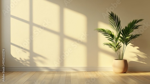 Sunlight Illuminates a Minimalist Interior with a Palm Plant