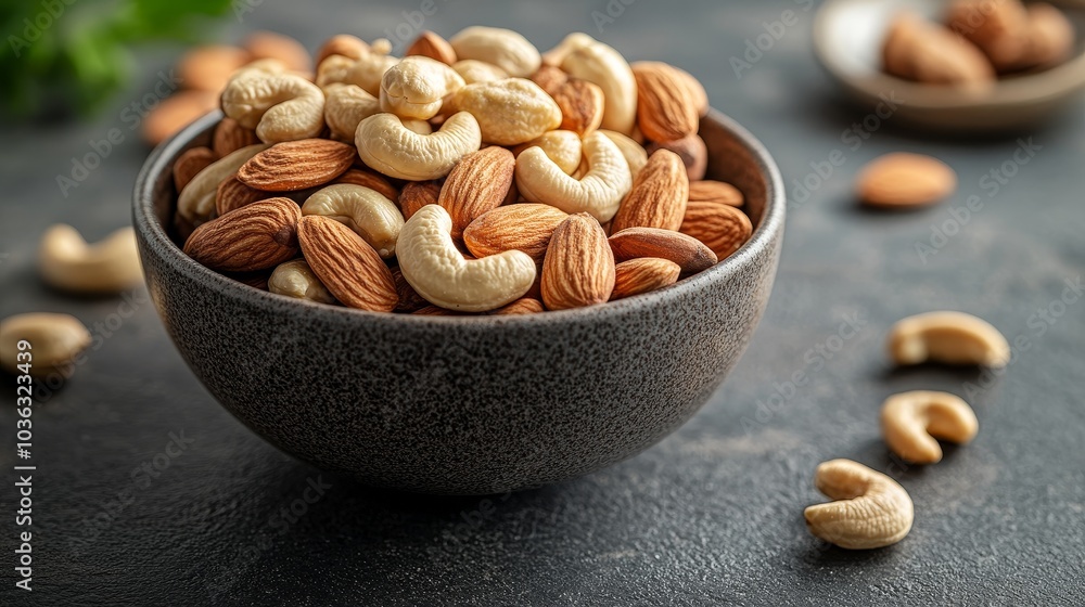 A close-up of a bowl of mixed nuts, including almonds and cashews, with some nuts scattered on the dark stone surface. Simple and minimalist design, perfect for the concept of healthy snacks A close-up of a bowl of mixed nuts, including almonds and cashews, with some nuts scattered on the dark stone surface. Simple and minimalist design, perfect for the concept of healthy snacks