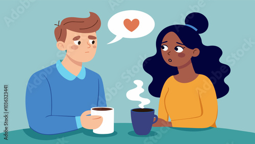 Over coffee a friend listens attentively as her struggling companion pours out his frustrations about not being able to meet societys beauty standards.. Vector illustration