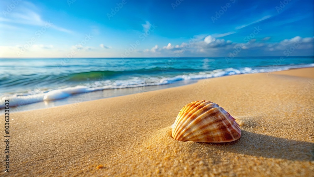 A single seashell nestled in golden sand with the ocean waves lapping at the shore, showcasing a serene coastal landscape under a clear blue sky. A single seashell nestled in golden sand with the ocean waves lapping at the shore, showcasing a serene coastal landscape under a clear blue sky.