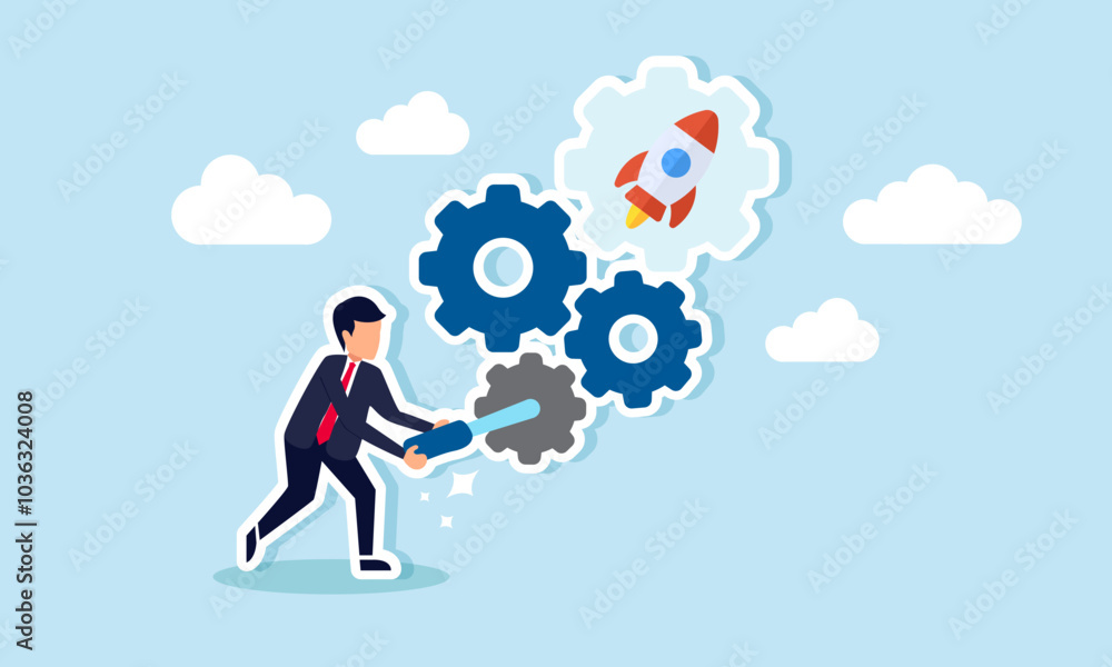 A businessman setting up a gear machine labeled as a rocket, illustration of maintenance and performance adjustments in a startup company A businessman setting up a gear machine labeled as a rocket, illustration of maintenance and performance adjustments in a startup company