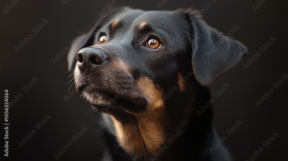 a black and brown dog looking up at something a black and brown dog looking up at something
