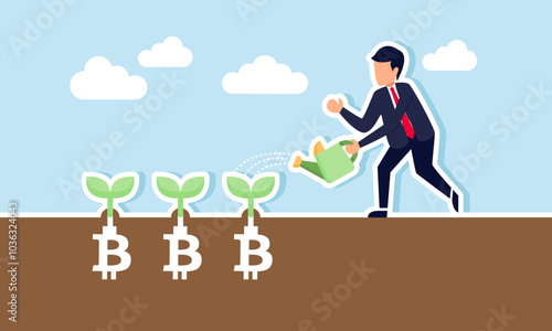 A businessman waters a plant with bitcoin roots, illustrating care and analysis related to the progress of bitcoin assets